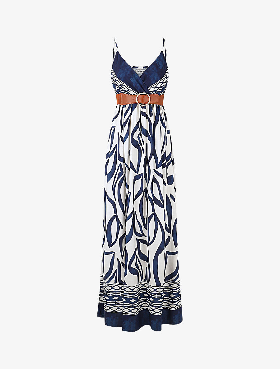 Robe longue imprimé graphique à fines bretelles - Marine - 5