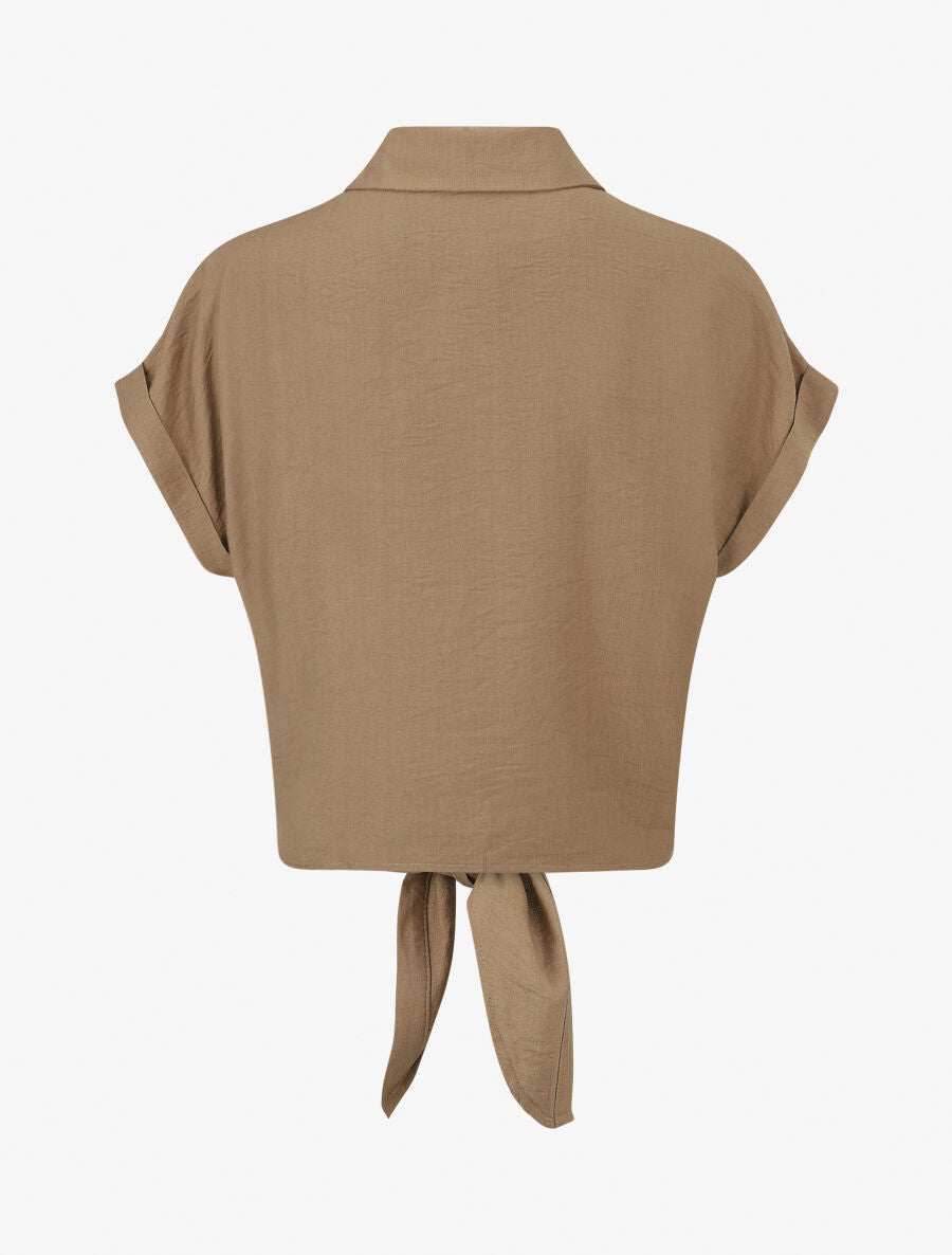 Chemise manches courtes à empiècements en crochet et noeud - Marron - 2