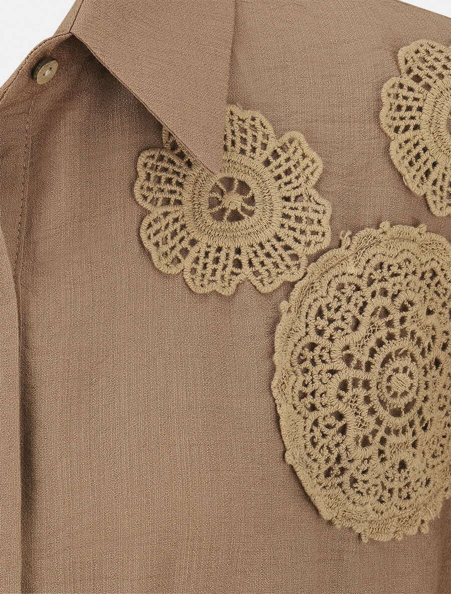 Chemise manches courtes à empiècements en crochet et noeud - Marron - 3