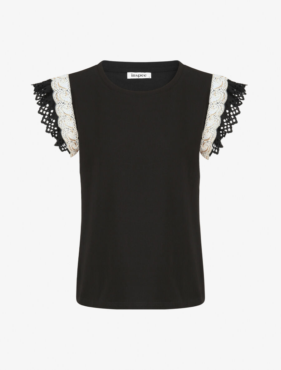 Top en coton à mancherons en dentelle - Noir - 1