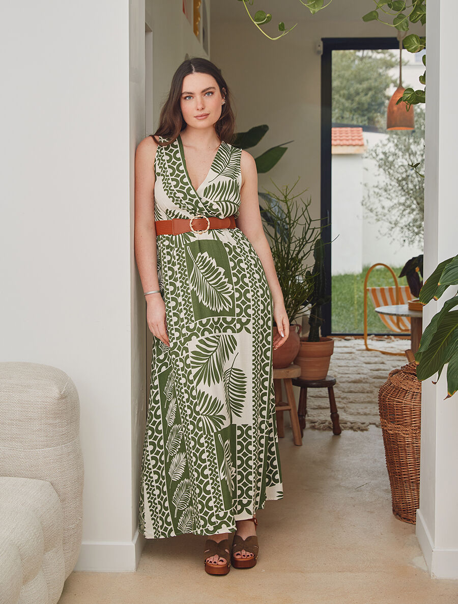 Robe longue sans manches feuilles graphiques - Kaki - 4