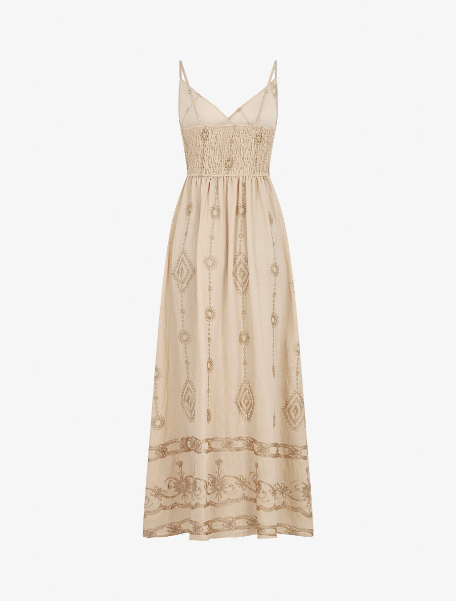 Robe longue à fines bretelles et broderies irisées - Beige - 2