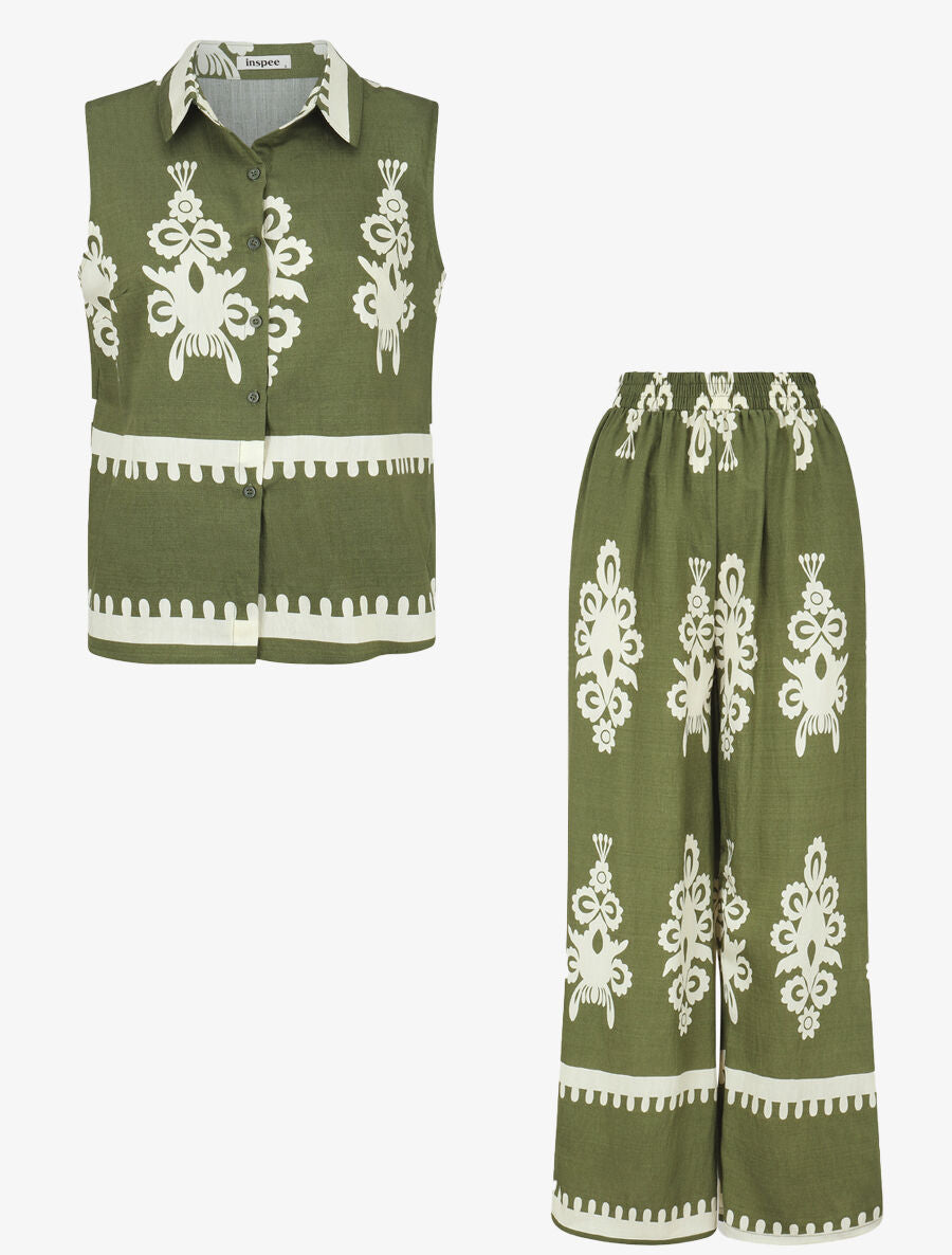 Ensemble top sans manches et pantalon imprimé ikat - Kaki - 1