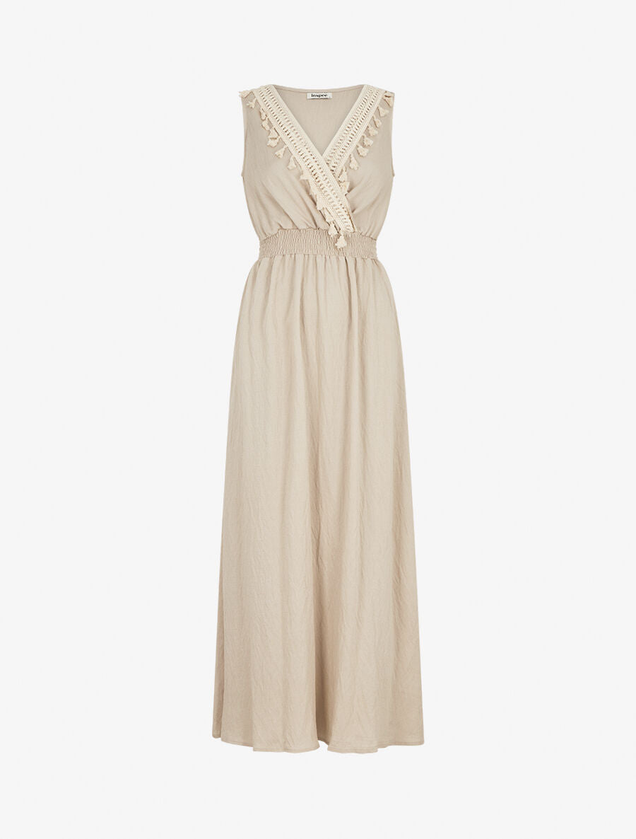 Robe longue sans manches unie col à pompons - Beige - 1