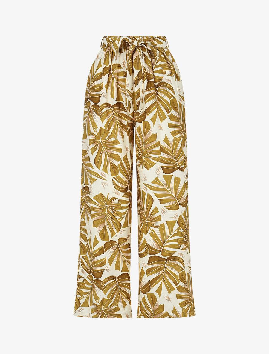 Pantalon imprimé feuilles à taille haute élastiquée - Ocre jaune - 4