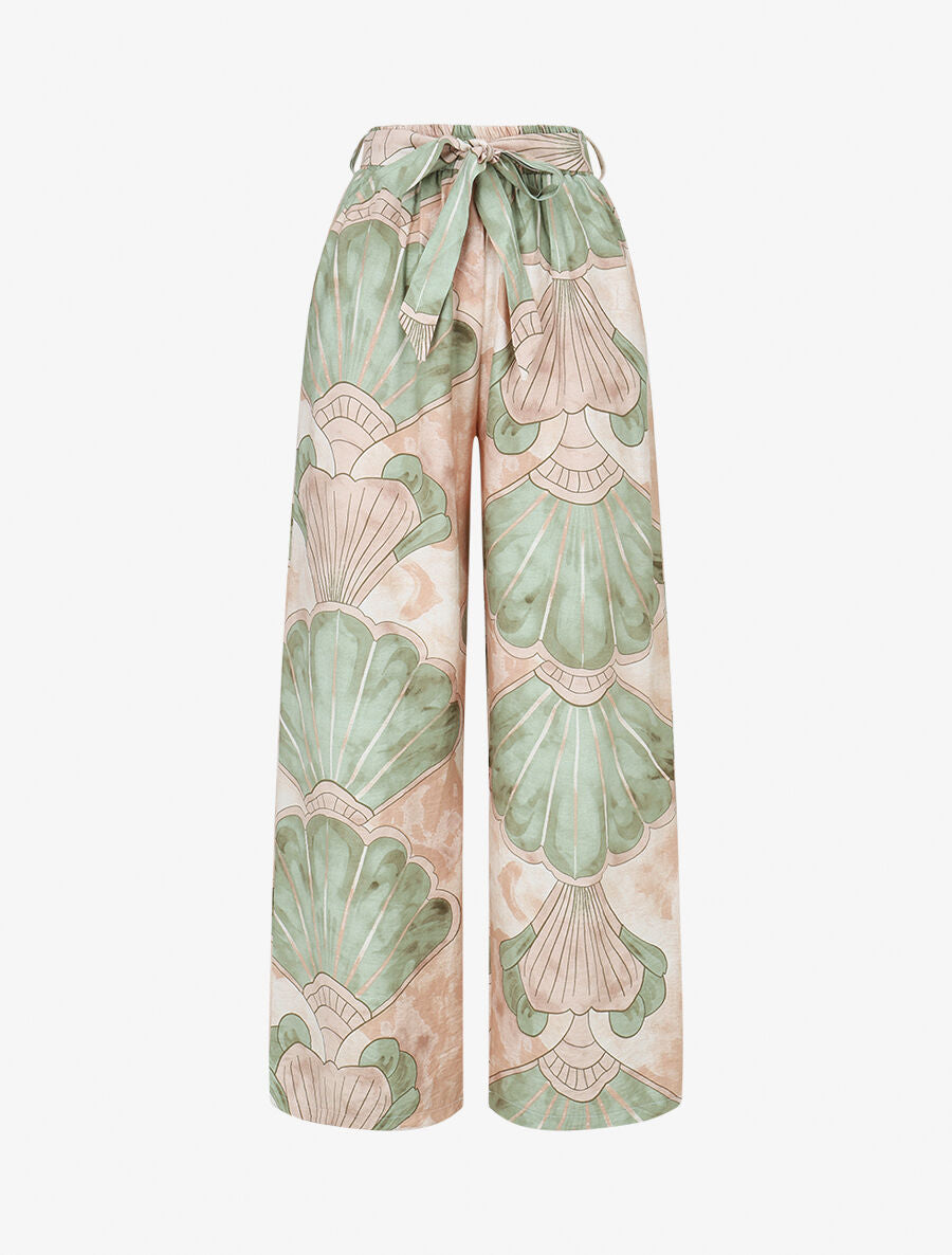 Pantalon imprimé éventails à taille haute élastiquée - Vert - 1