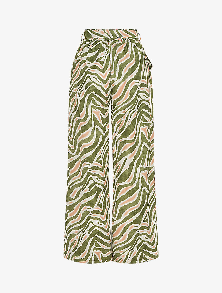 Pantalon imprimé fantaisie à taille haute élastiquée - Kaki - 2