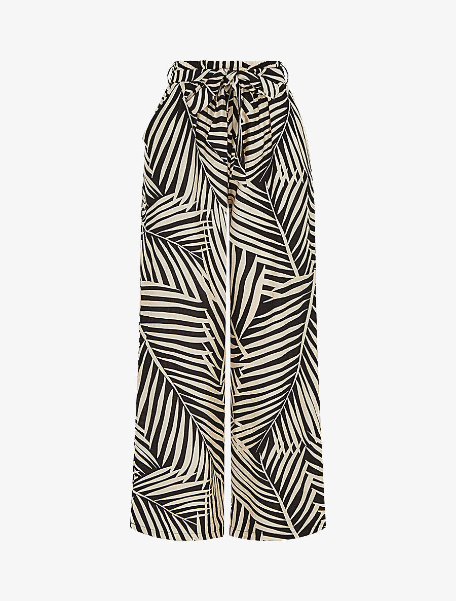 Pantalon imprimé tropical à taille haute élastiquée - Noir - 1