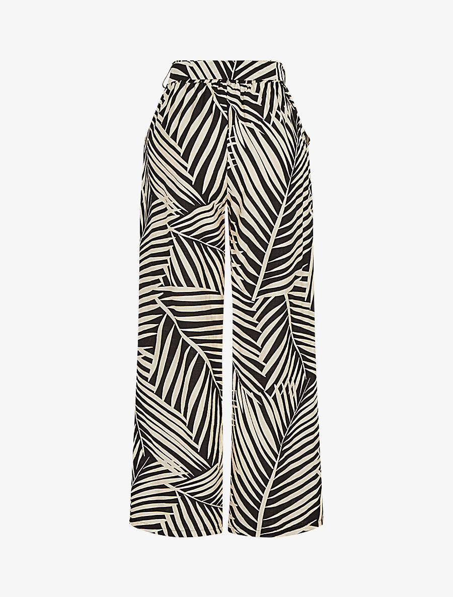 Pantalon imprimé tropical à taille haute élastiquée - Noir - 2