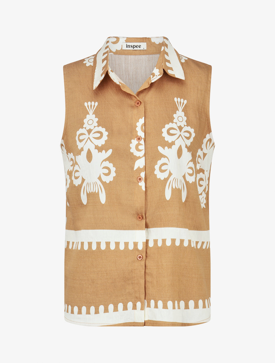 Top sans manches imprimé ikat - Camel - 1