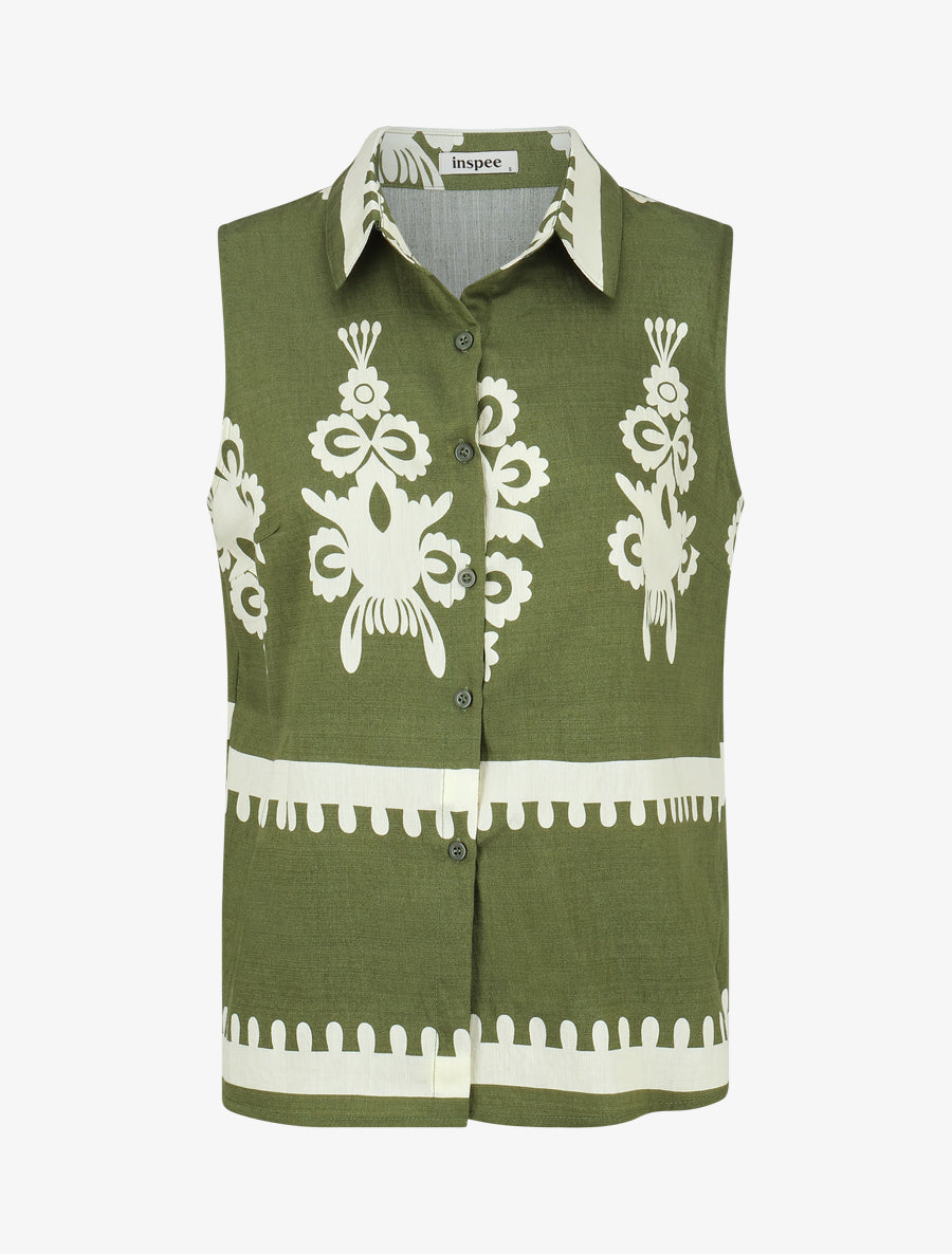 Top sans manches imprimé ikat - Kaki - 1