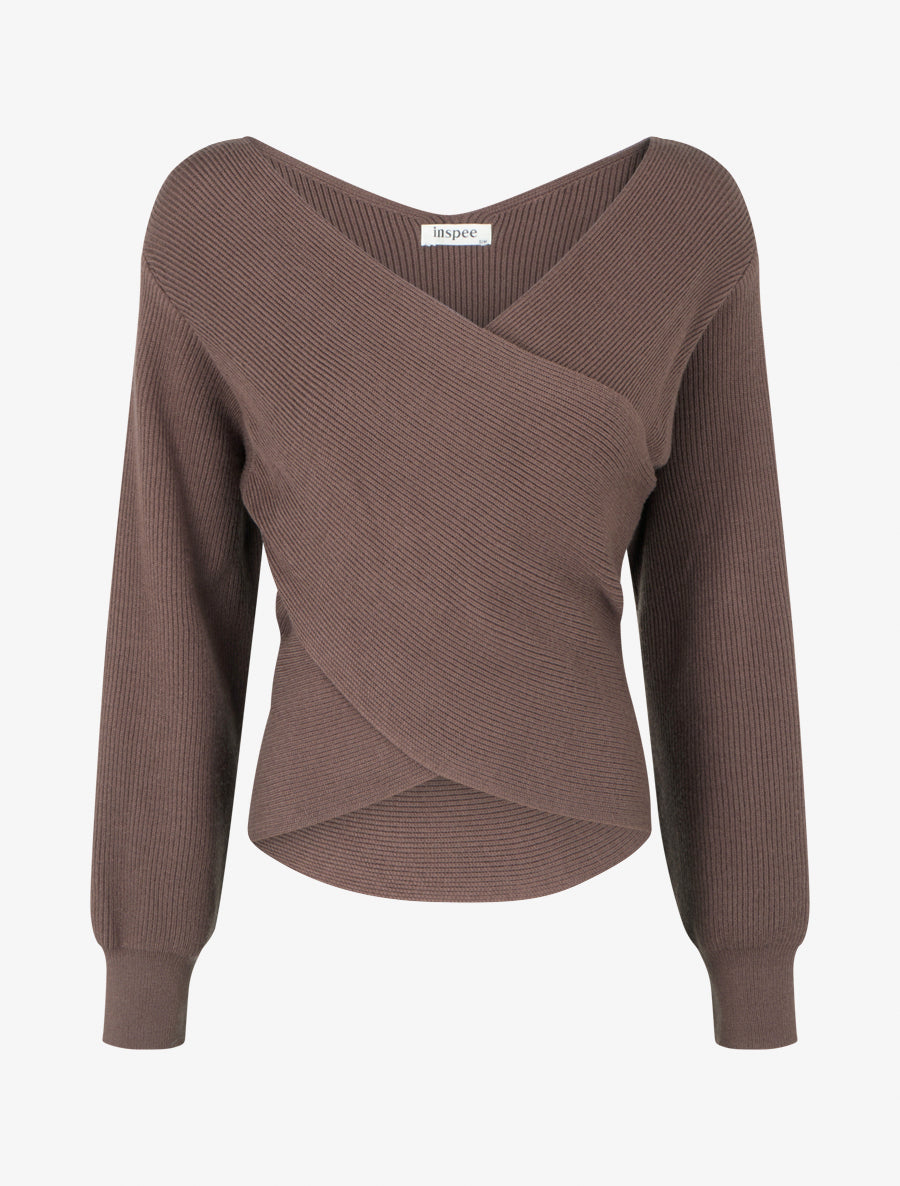Geribde effen trui met overslagkraag - Bruin