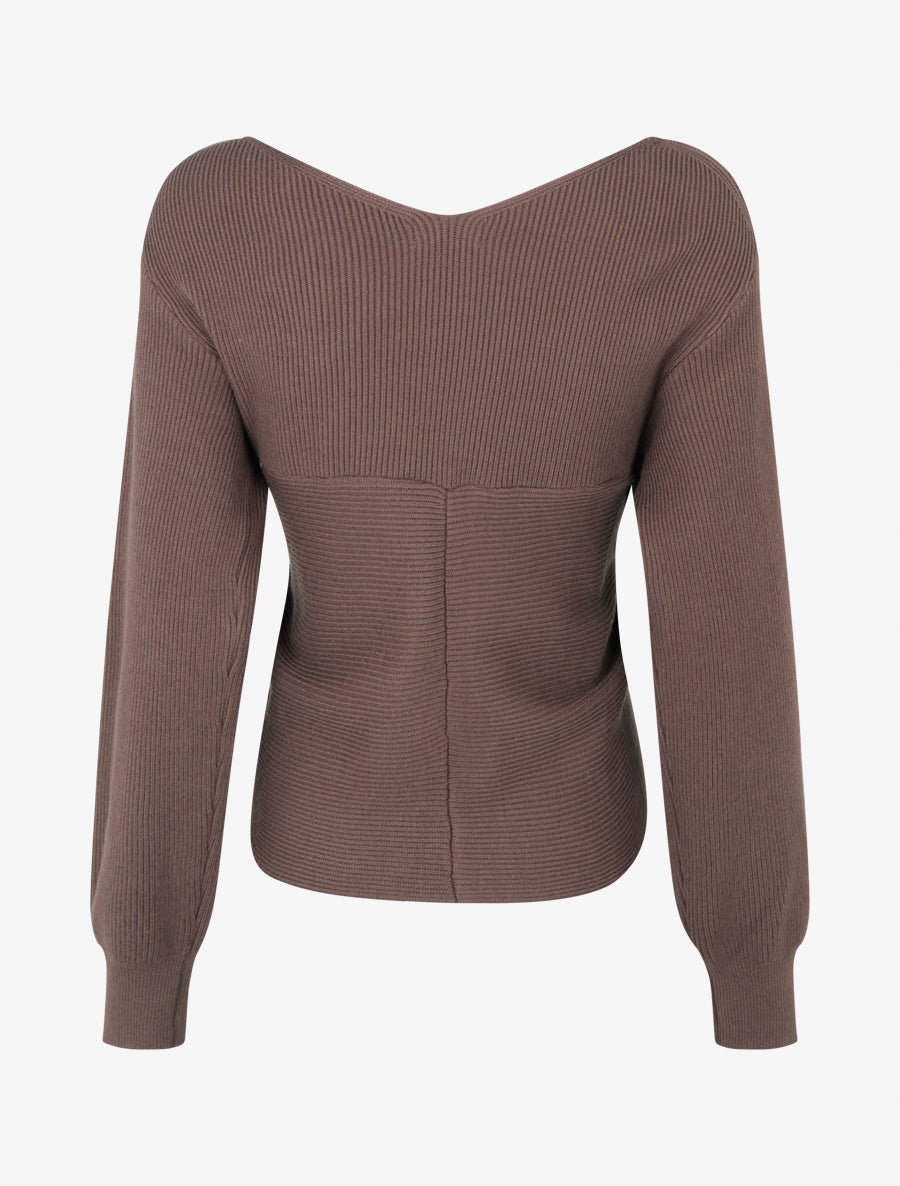 Geribde effen trui met overslagkraag - Bruin