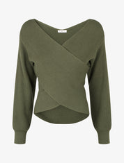 Geribde effen trui met overslagkraag - Kaki