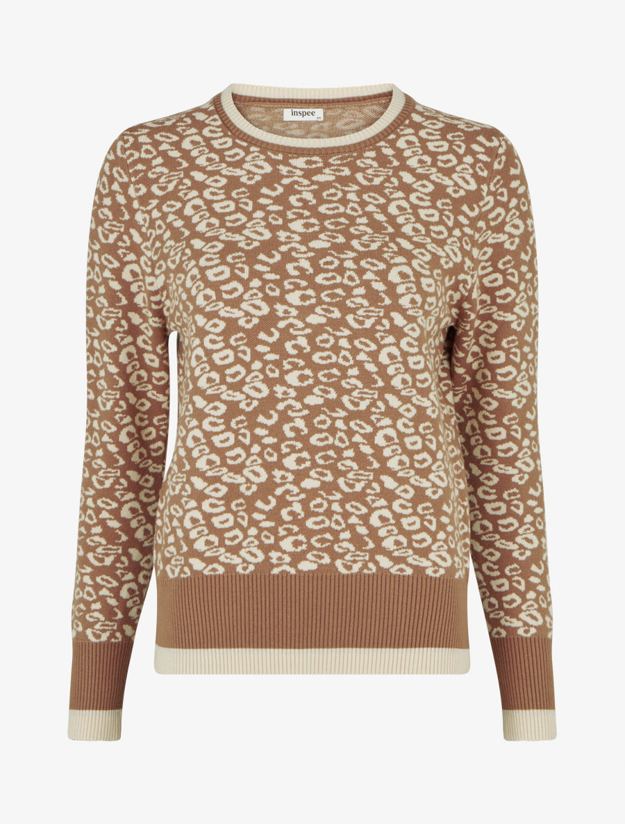 Pull imprimé léopard à col rond - Camel - 1