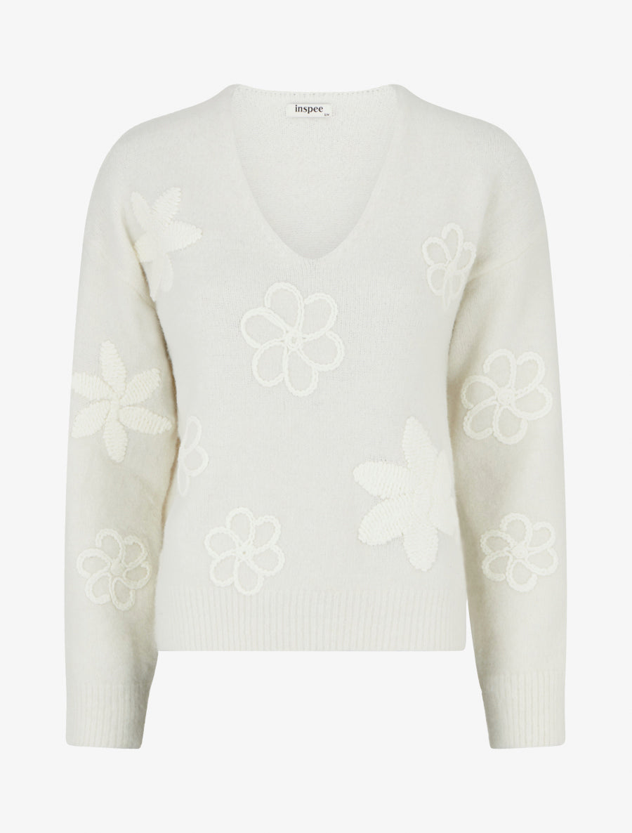 Pull duveteux à fleurs brodées - Écru - 1
