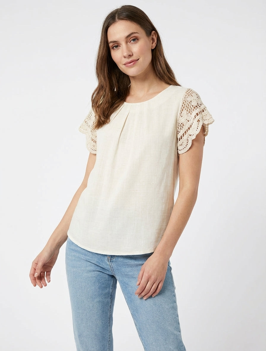 Top met korte mouwen en borduurwerk - Crème