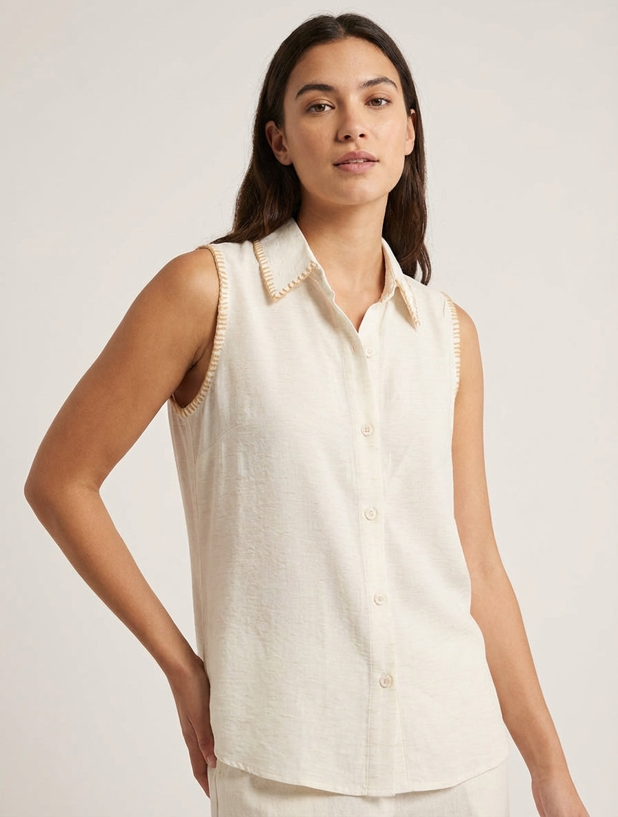 Mouwloze effen blouse met knopen - Crème