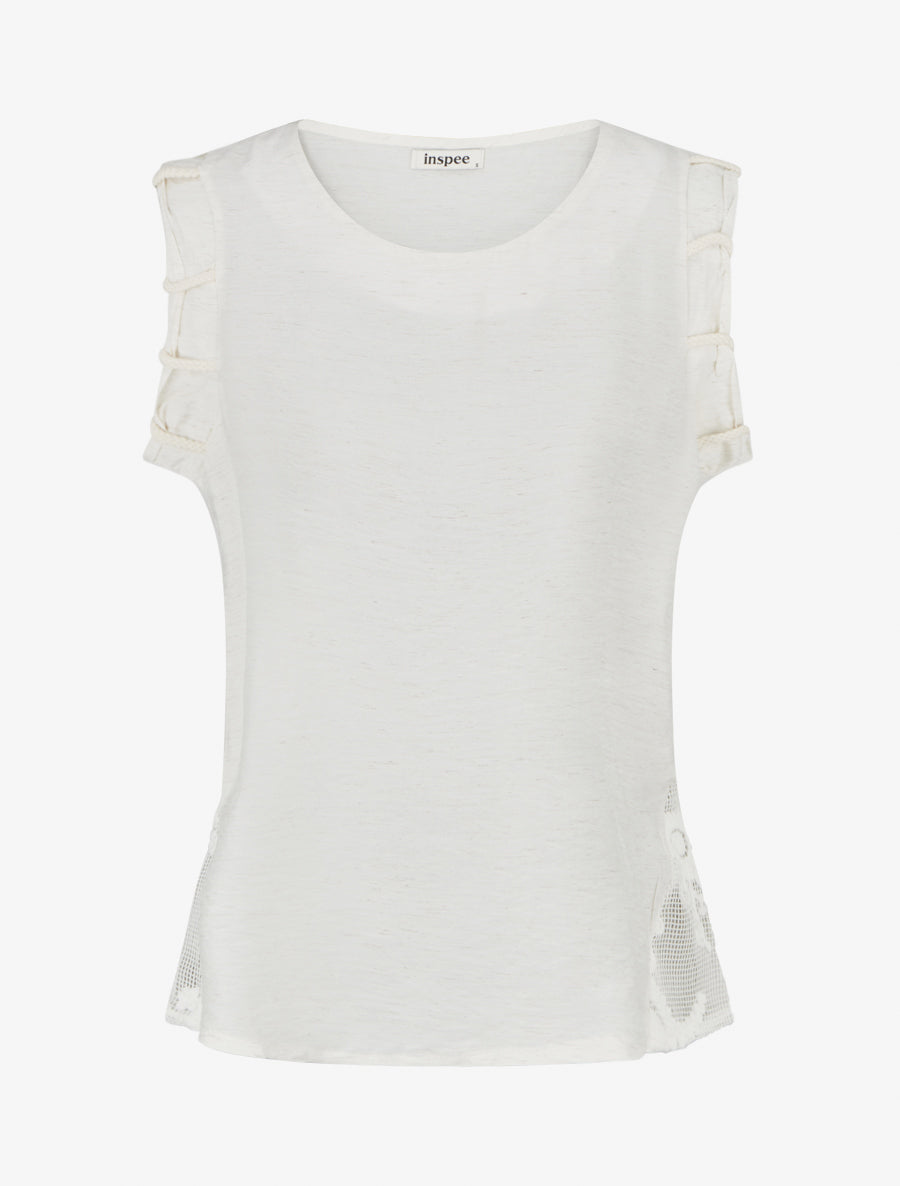 Top uni à détail effet cordes et broderies ajourés - Crème - 1
