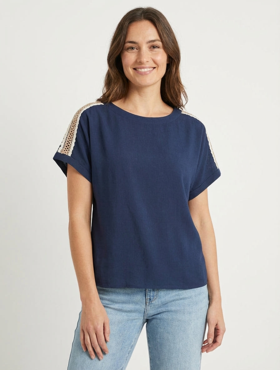 Top met korte mouwen en opengewerkte borduursels - Marine