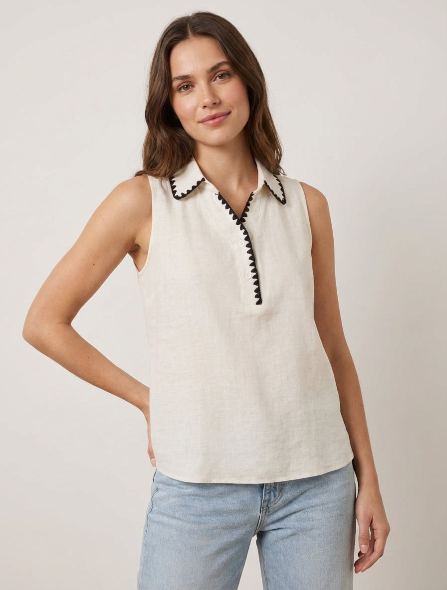Mouwloze blouse met geborduurde kraag - Ecru