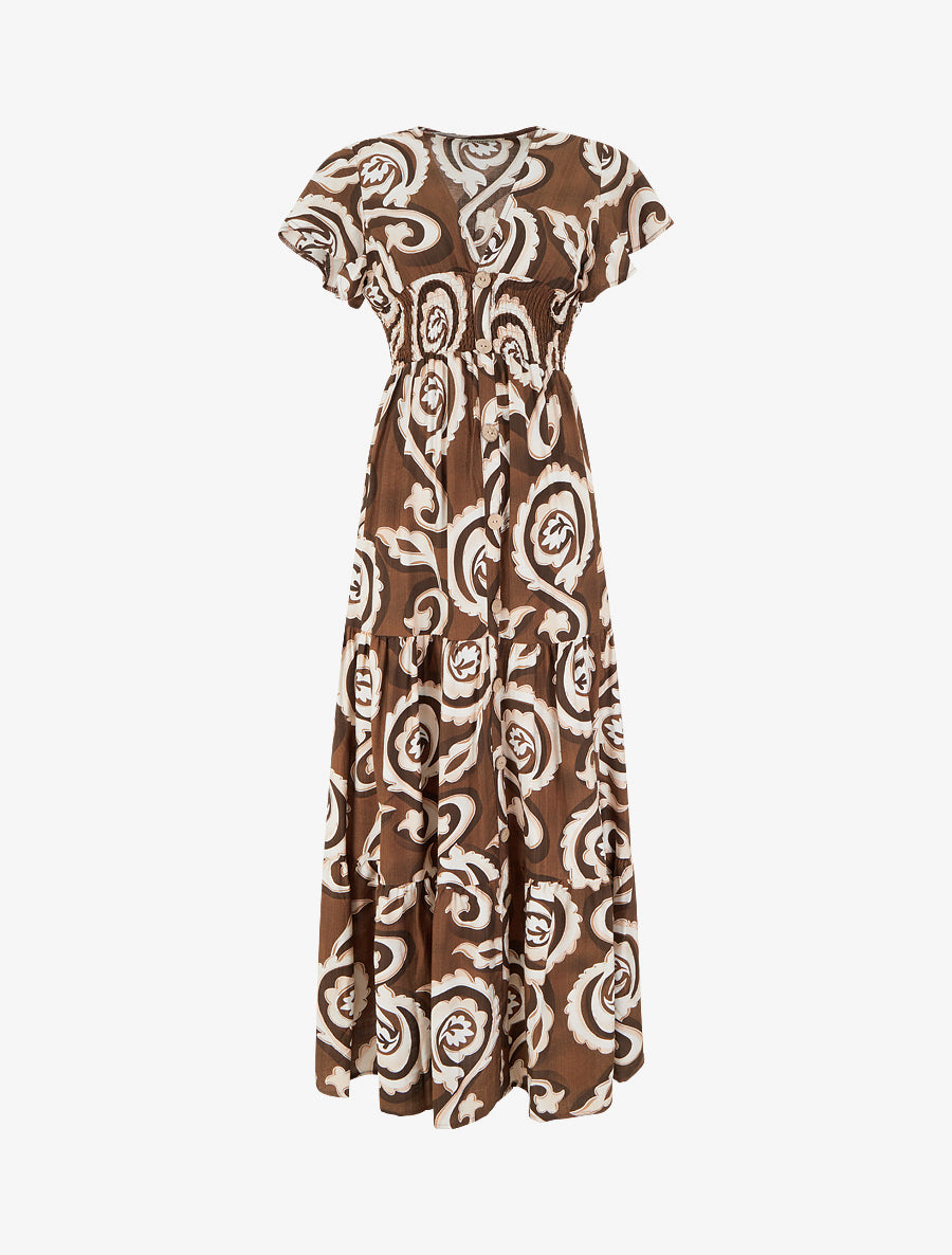 Robe longue manches courtes imprimé cachemire stylisé - Marron - 1