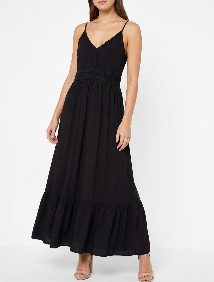 Lange effen jurk met kanten taille - Zwart