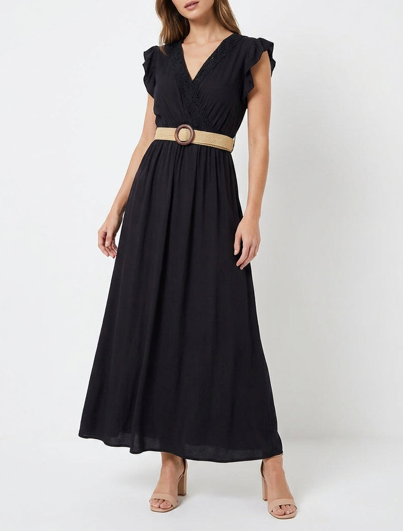 Lange effen jurk met overslagkraag - Zwart