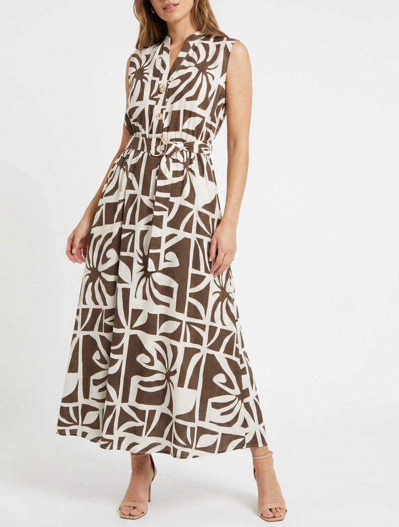 Lange jurk met gestileerde print en decoratieve knopen - Bruin