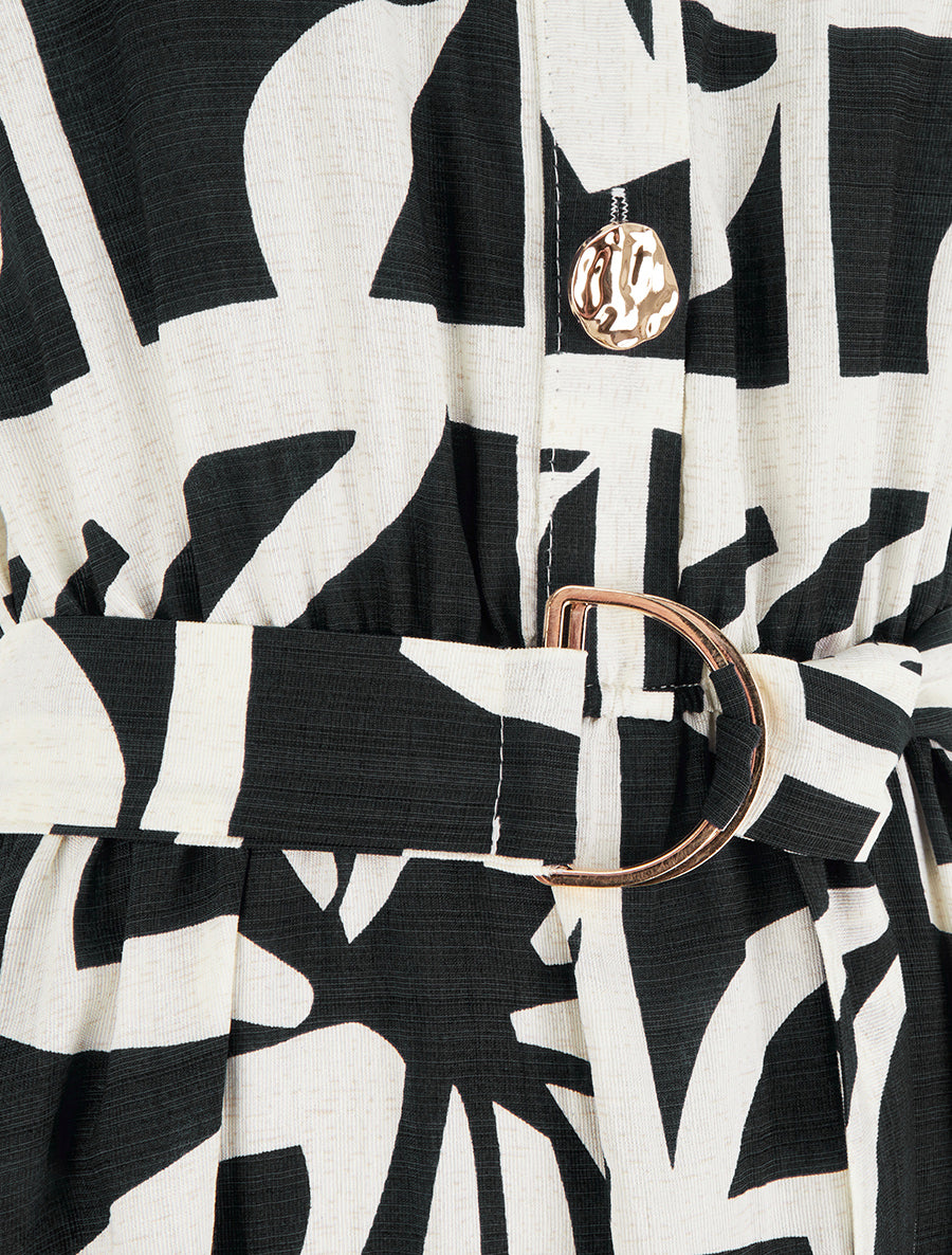 Robe longue imprimé stylisé à boutons décoratifs - Noir - 3
