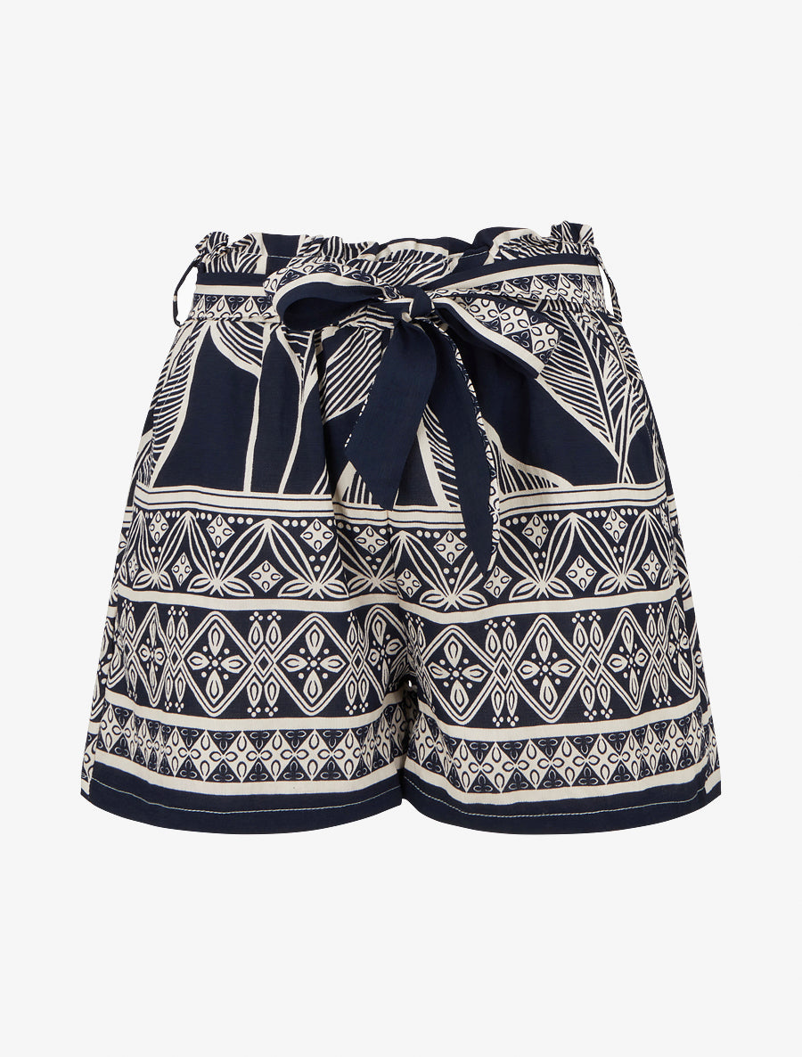 Short droit élastiqué imprimé feuilles stylisées - Marine - 1