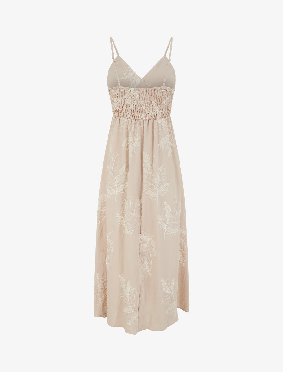 Robe longue empire à broderies feuilles stylisées - Beige - 2