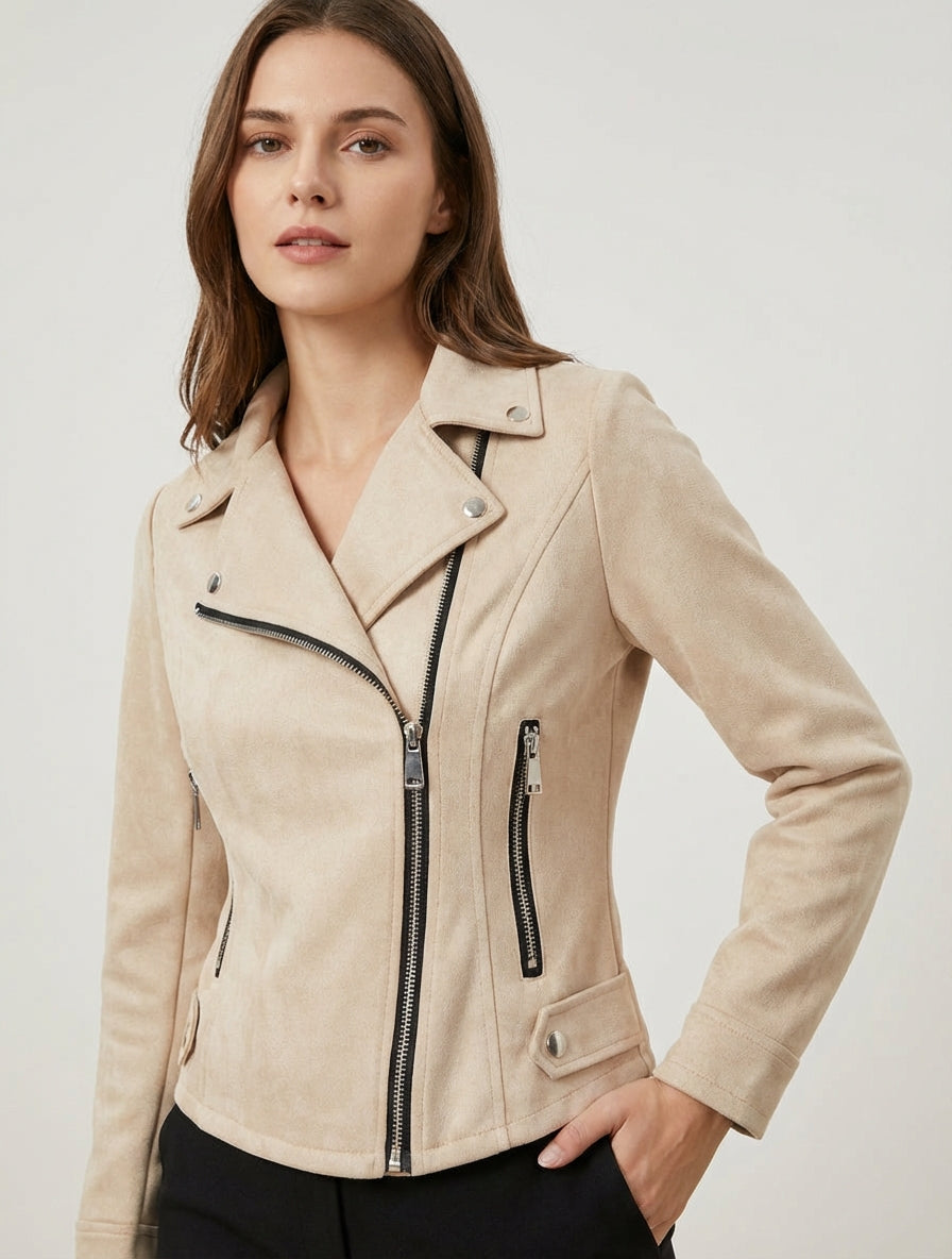 Suède jas met ritssluiting - Beige
