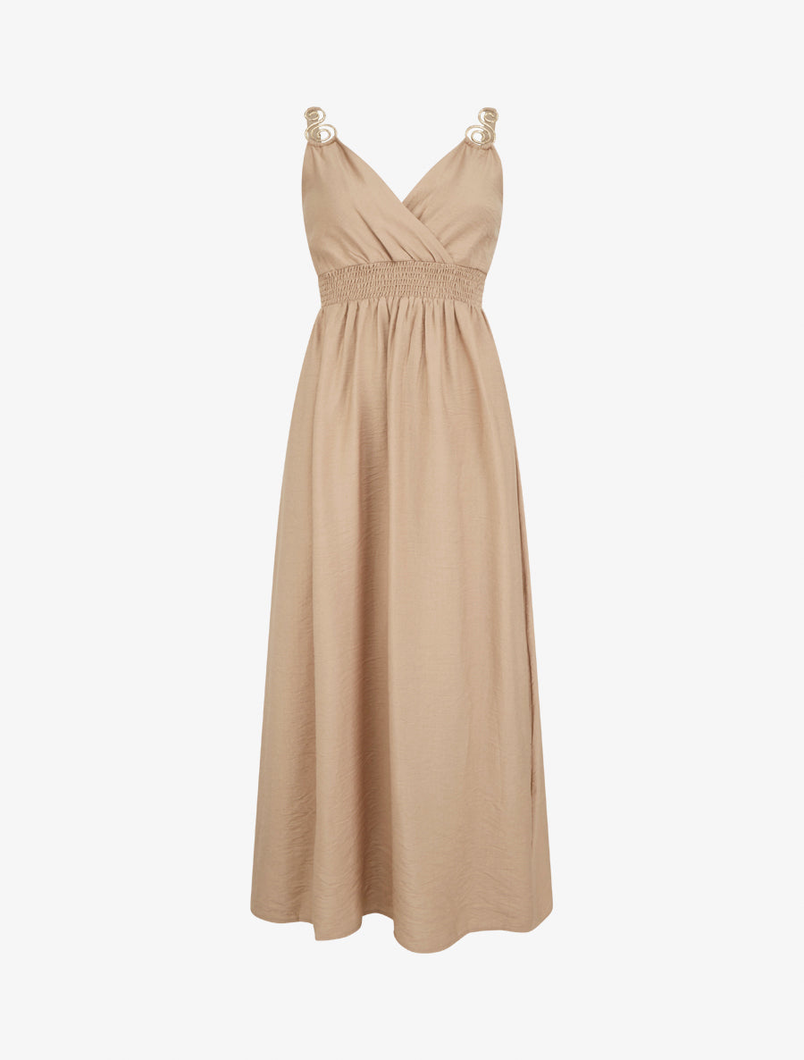Robe longue à bretelles bijoux - Beige - 1