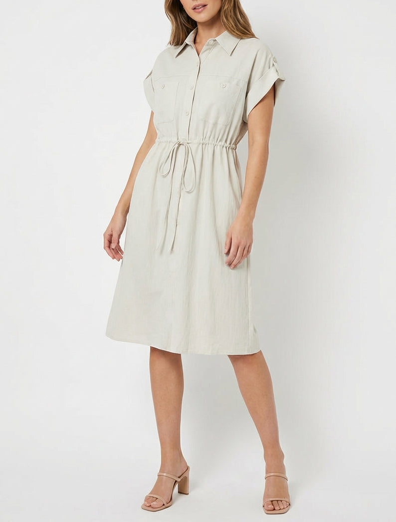 Effen, recht jurk met korte mouwen - Beige