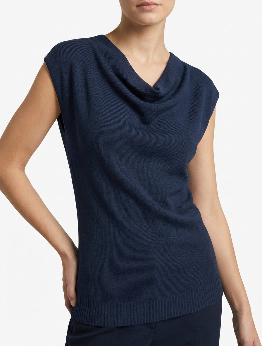 Mouwloze top met watervalhalslijn. - Marine