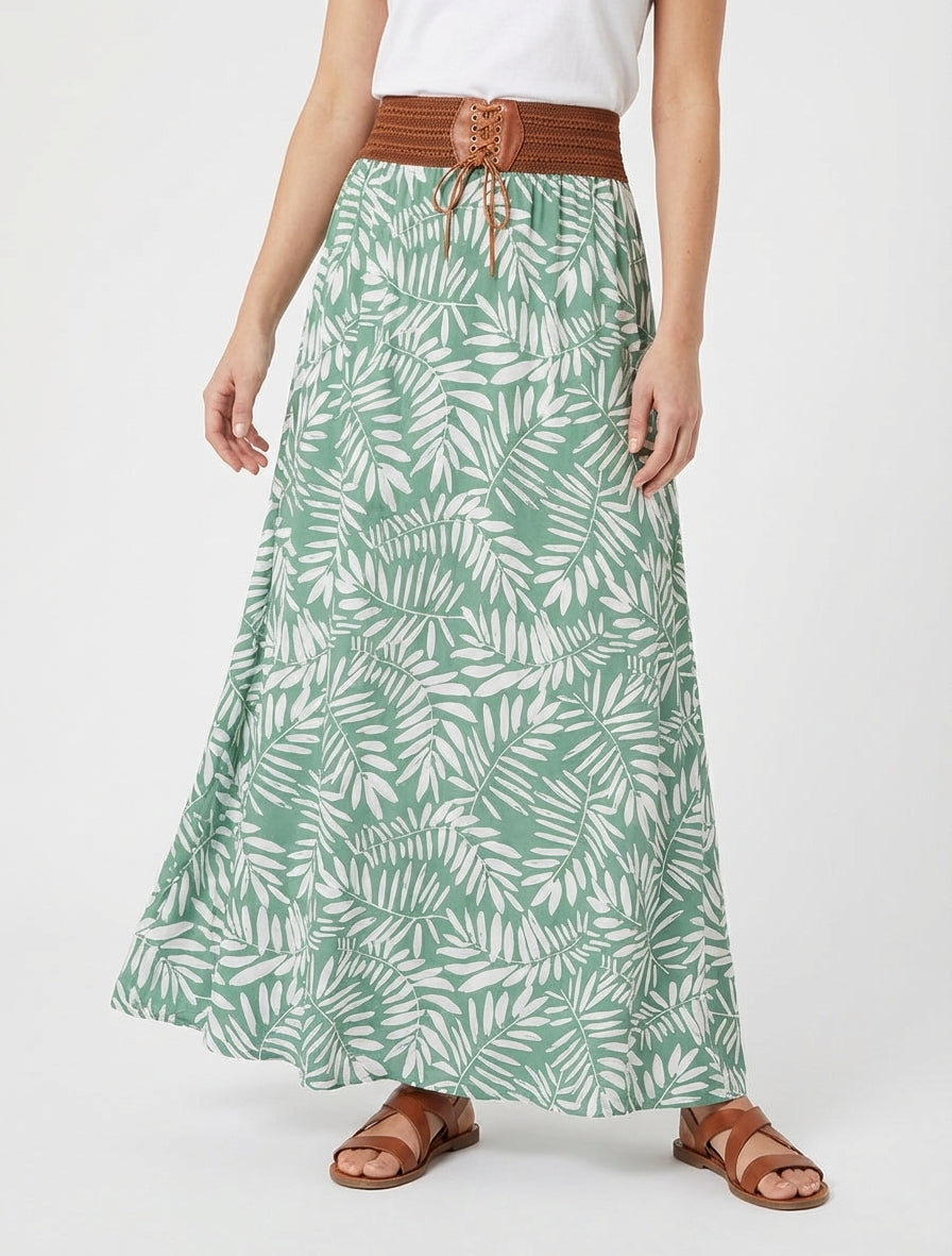 Lange rok met bladdessin en elastische tailleband - Watergroen