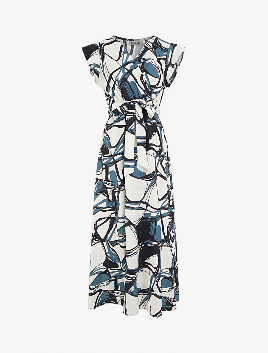 Robe longue évasée imprimé fantaisie - Bleu/blanc - 1