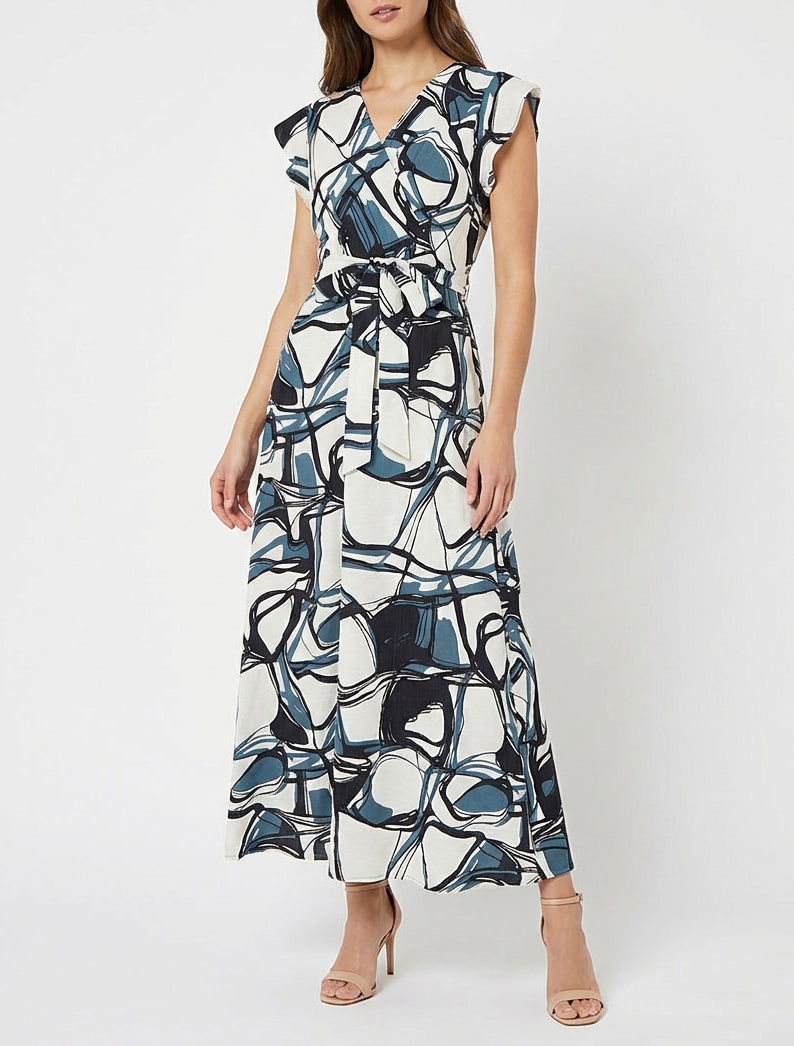 Lange uitlopende jurk met fantasieprint - Blauw/wit