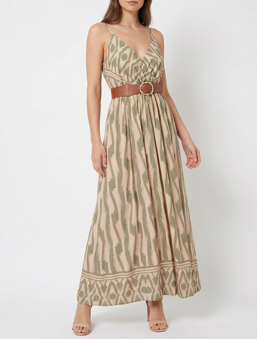 Jurk met elastische taille en fantasieprint - Kaki