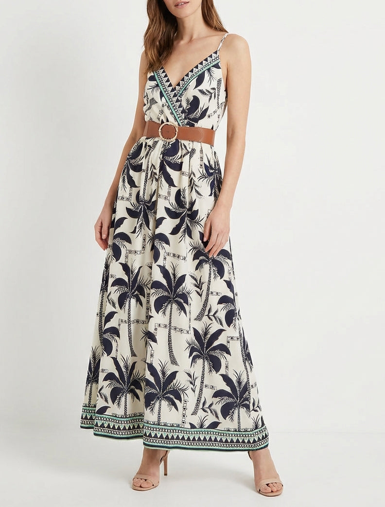 Lange jurk met palmprint - Marine