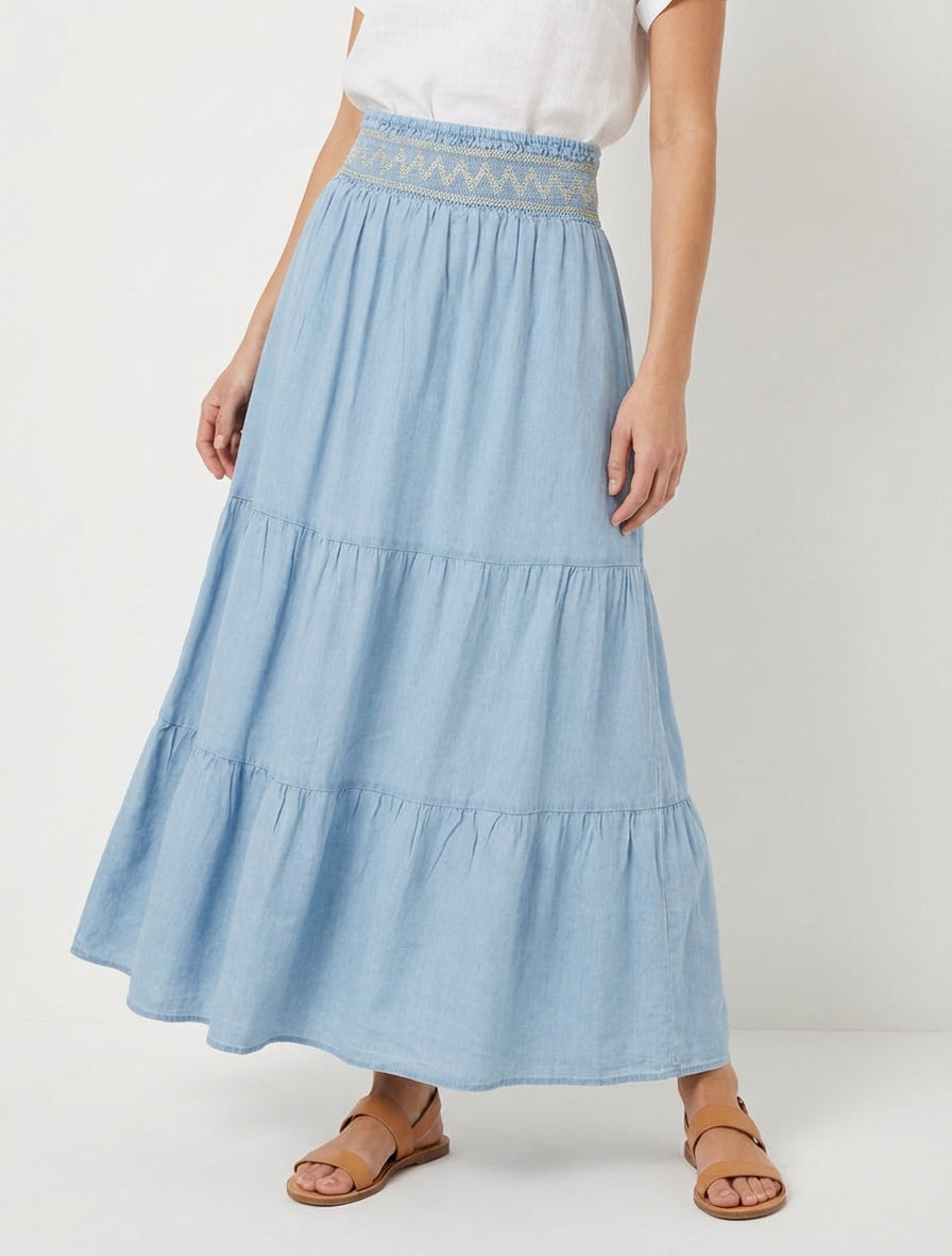 Lange wijde rok met elastische tailleband met fantasiedessin - Lichtblauw
