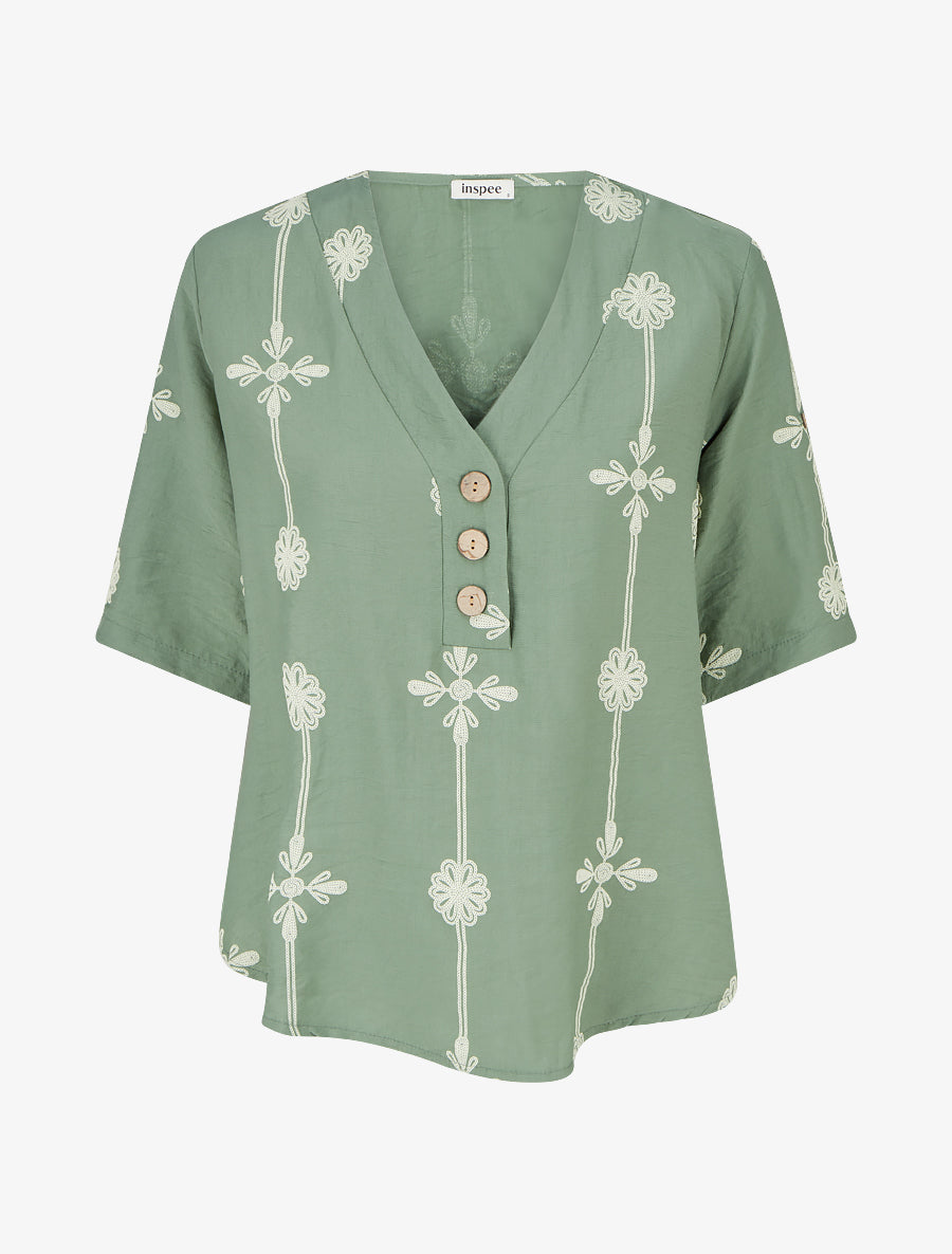 Top ample à manches courtes imprimé floral - Kaki - 1