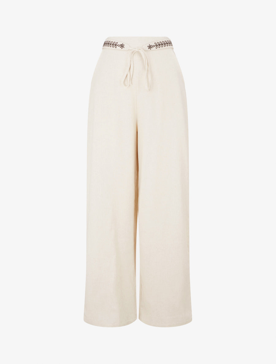 Pantalon ample uni à ceinture brodée - Beige - 1