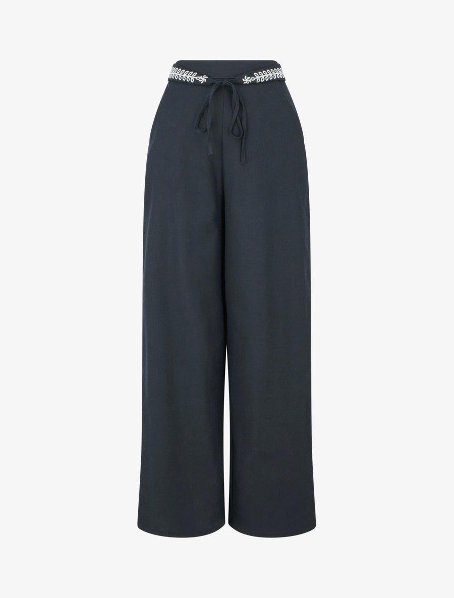 Pantalon ample uni à ceinture brodée - Bleu nuit - 1