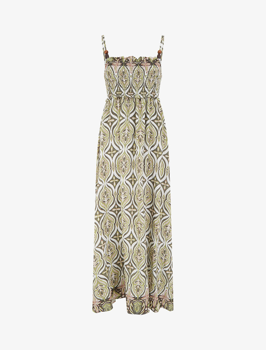 Robe longue à bretelles perlées et imprimé fantaisie - Kaki - 1