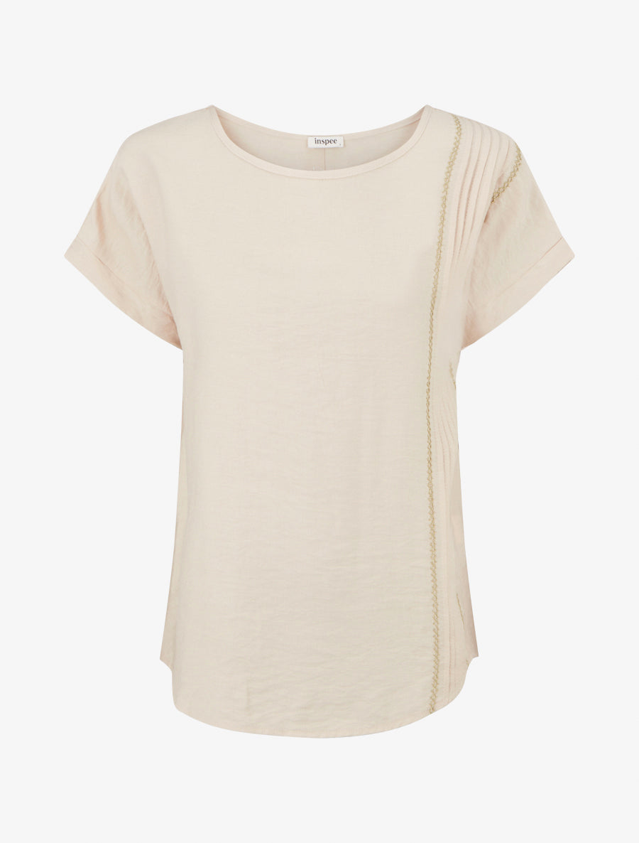 Top ample manches courtes à détail plissé - Beige - 1