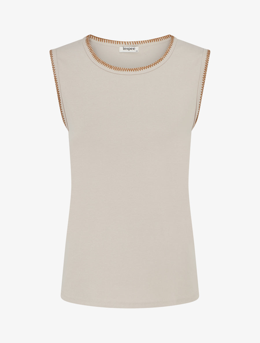 T-shirt uni sans manches à détail broderies - Beige - 1