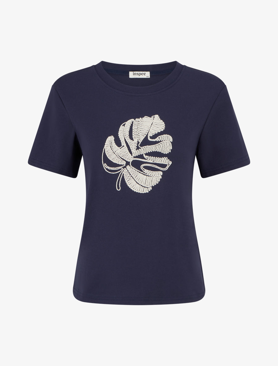 T-shirt uni à broderie feuille - Marine - 1