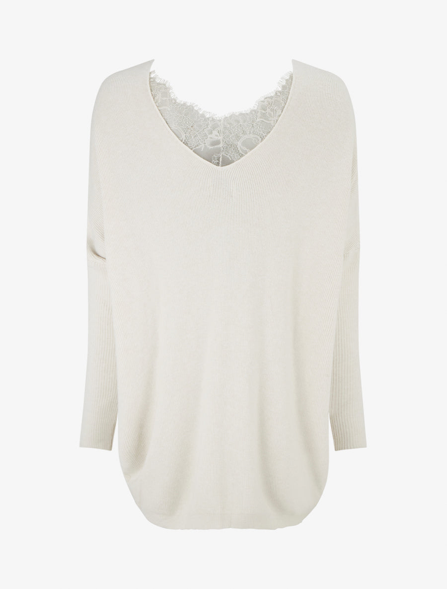 Pull long à détail dentelle au dos - Beige - 2
